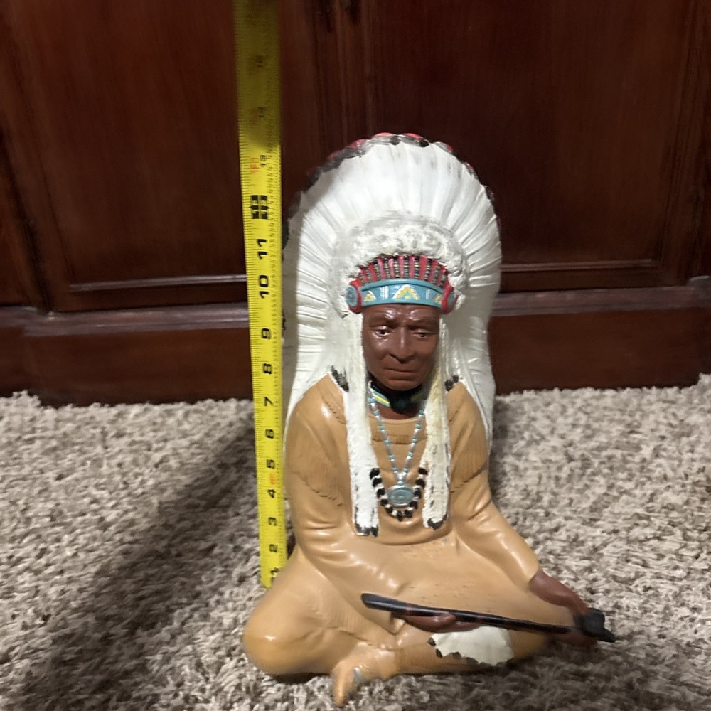 Vintage Native American Chief Ceramic Statue Peace Pipe Hand Painted 12"